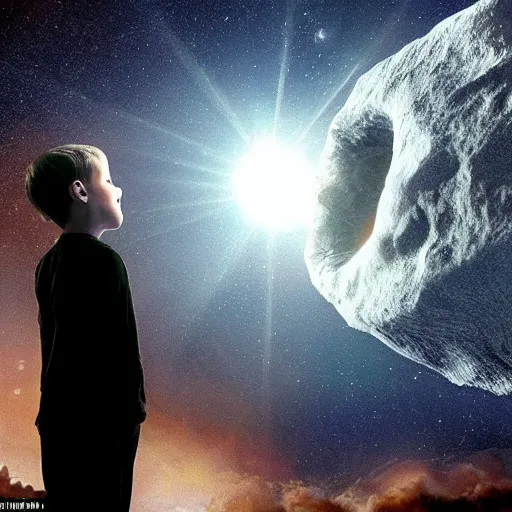 Image similar to a boy look to sky saw a huge asteroid approach to earth, cinematic, hollywood standard, a film directed by christopher nolan