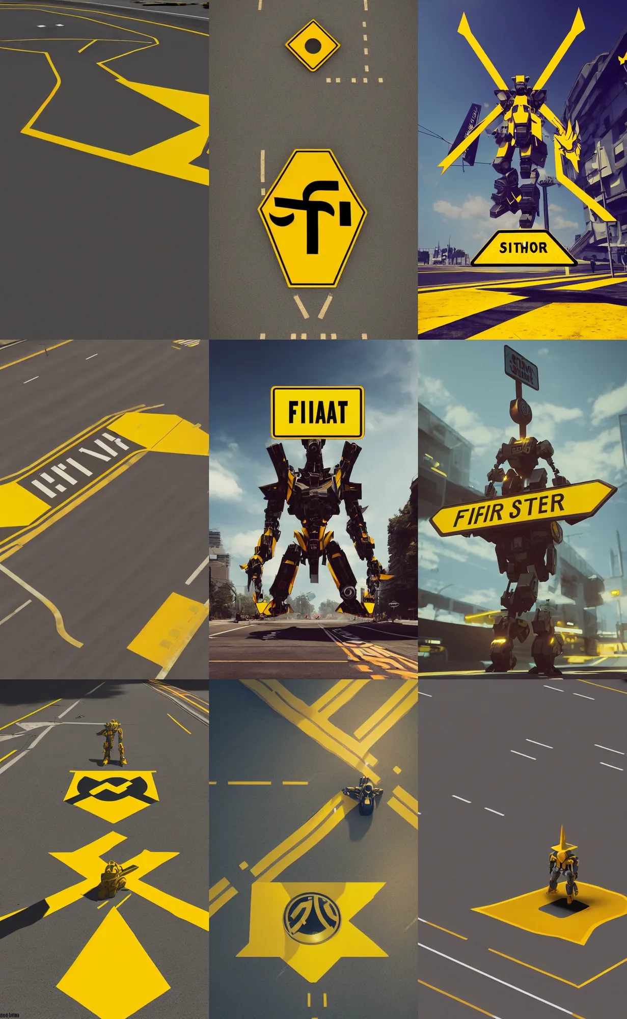 Prompt: giant yellow roadsign - plated fighter, wearing a stop sign on its head, character design trending on artstation, mecha, unreal engine, octane render, dramatic lighting, epic battle