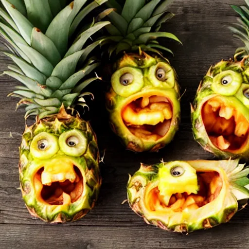 Prompt: Zombie potatoes eating a pineapple