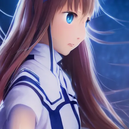 Prompt: beautiful young yuuki asuna, full body, long wavy hair, sky blue eyes, character portrait in the style of thomas river and yusuke murata, cinematic lighting, hyperdetailed, 8 k realistic, symmetrical, global illumination, radiant light, cryengine, dof, trending on artstation, digital art