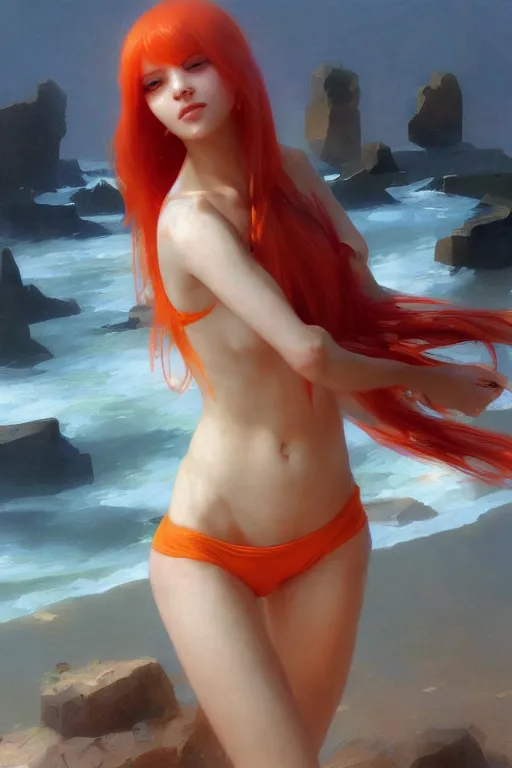 Image similar to nami, long orange hair, bikini, digital art from artstation by ruan jia and mandy jurgens and artgerm and william - adolphe bouguereau