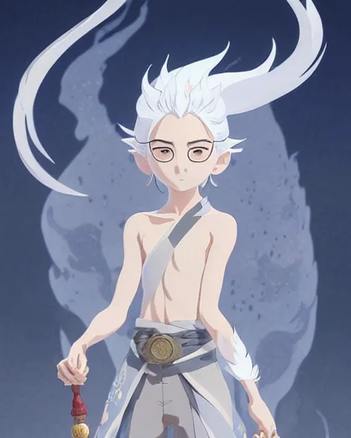 Prompt: himalayan mage with silver hair, detailed perfect face, exquisite details, fire magic, mid view, design on a white background, by studio muti, greg rutkowski makoto shinkai takashi takeuchi studio ghibli