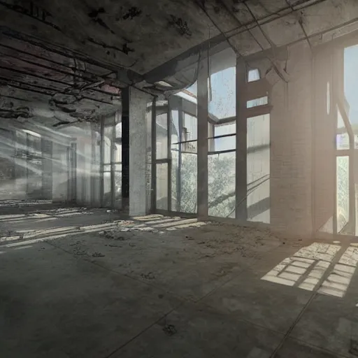 Prompt: abandoned industrial factory interior, sunlight filtering through windows, digital art, trending on artstation