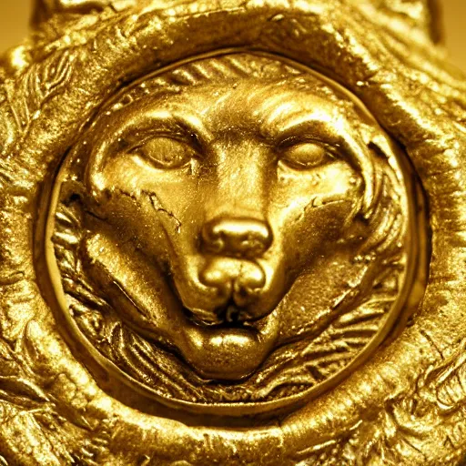 Prompt: an ancient roman gold coin with the face of a cute shiba inu, close up photo, ultra realistic, studio photo, bokeh. intricate details.