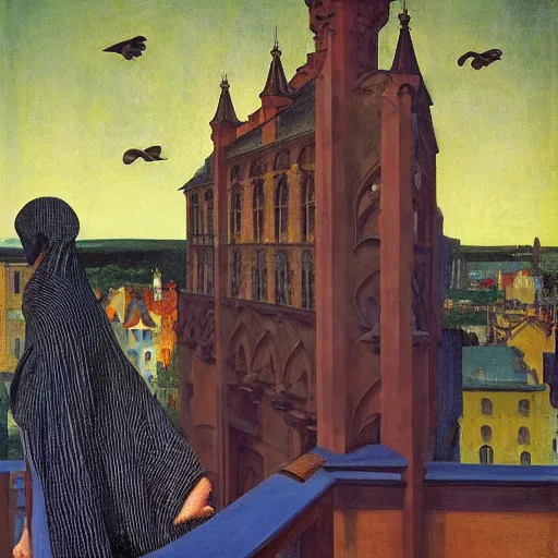 Prompt: a woman in a medieval city, a lots of crows, hyperrealistic film still by edward hopper, by gottfried helnwein, by klimt, by paolo uccello, art nouveau, highly detailed, strong lights, liminal, eerie, symbolist, bright pastel colors