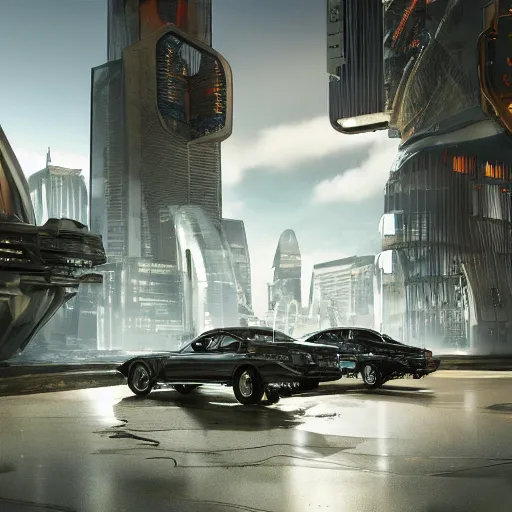 Image similar to parking several cars: center composition, ground camera shot, motherboard forms designed by zaha hadid, sci-fi futuristic ultra realistic photography, keyshot render, octane render, unreal engine 5 lumen, high oiled liquid glossy specularity reflections, ultra detailed, golden hour, dramatic lighting 4k, 8k, 16k in the style ofblade runner 2049 Cyberpunk 2077 ghost in the shell thor 2 marvel film : tilt shift: sharp focus