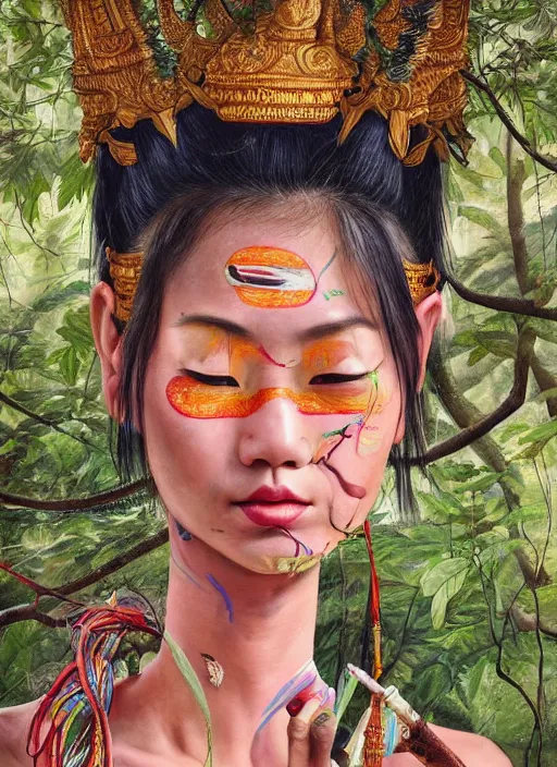 Prompt: beautiful portrait painting of a Kayan godess with long neck in the middle of the forest, by Afarin Sajedi, Alessandro Barbucci, Alex Gross, Shin Jeongho, Shohei Otomo. trending on Artstation, 8k, masterpiece, face enhance, graffiti paint, fine detail, full of color, intricate detail, golden ratio illustration