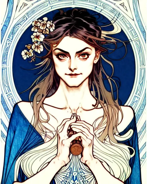 Image similar to in the style of artgerm, arthur rackham, alphonse mucha, phoebe tonkin, symmetrical eyes, symmetrical face, flowing blue skirt, full entire body, hair blowing, intricate filagree, hidden hands, warm colors, cool offset colors