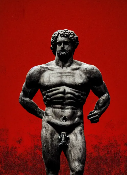 Prompt: black background, statue of hercules, ( ( ( skeleton ) ) ), grey, thin lines, dark, red grid, glitch art, neo vaporwave, gritty, movie poster, layout design, trending on artstation