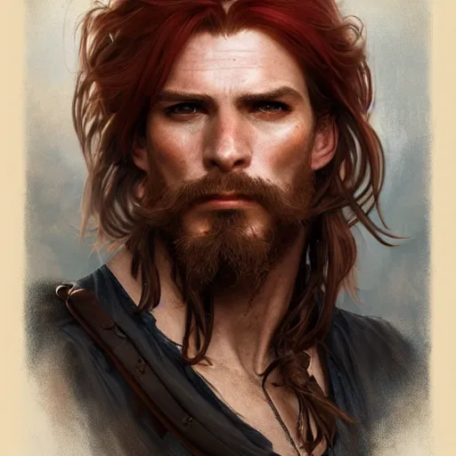 Prompt: portrait of a young ruggedly handsome but charming pirate, male, masculine, upper body, red hair, long hair, d & d, fantasy, soft lips, intricate, elegant, highly detailed, digital painting, artstation, concept art, matte, sharp focus, illustration, art by artgerm and greg rutkowski and alphonse mucha