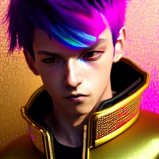 Image similar to hyperdetailed portrait of a stunningly beautiful cyberpunk cutie european boy with short dark hair guard made of iridescent metals and shiny pink gems, bright rainbow nimbus, gold necklace, gold background inspired by ross tran and masamune shirow and kuvshinov, intricate, photorealistic, octane render, rtx, hdr, unreal engine, dnd digital art by artgerm