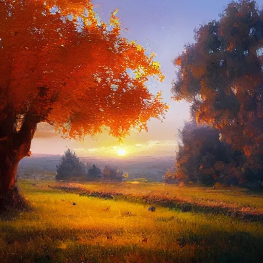 Prompt: a beautiful painting by banska stiavnica nature in sunset, translucent fruit tree, peach, by greg rutkowski and james gurney, artstation