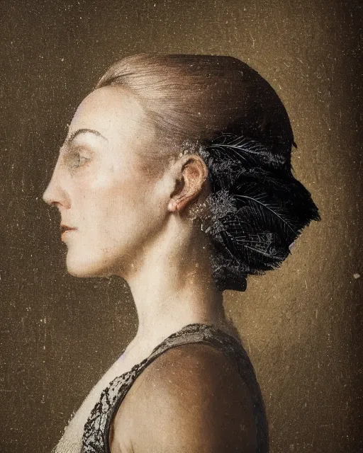 Image similar to a woman's face in profile, made of bird feathers, in the style of the dutch masters and gregory crewdson, dark and moody