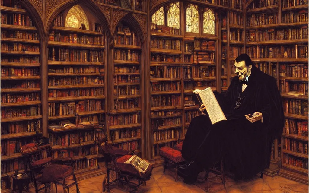 Prompt: dracula sits reading in his library, bats, donato giancola