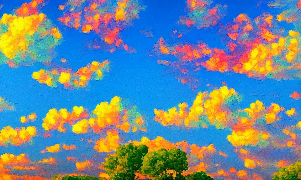 Image similar to impressionist painting of happiness and friendship, floating high in the clouds, wide shot, dynamic lighting, vivid colors, high detail, award winning