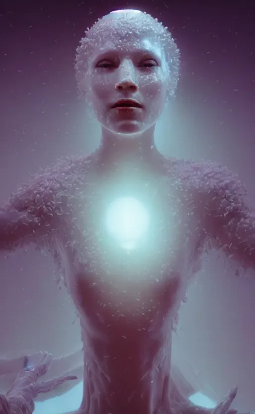 Image similar to extremely detailed cinematic movie still 3 0 7 7 portrait shot of a shining white goddess dancing at the cloud hyperreal skin face by denis villeneuve, wayne barlowe, simon birch, marc simonetti, philippe druillet, beeple, bright volumetric sunlight from above, rich moody colors, closeup, bokeh