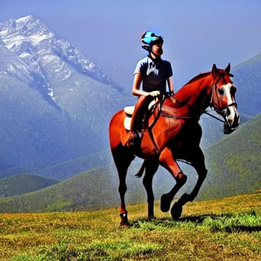 Image similar to horse riding! bicycle!, cycling!!, anthropomorphic!!!!, in the mountains, award winning photo,