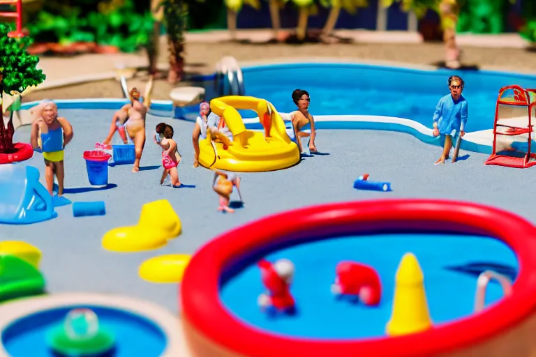 Image similar to fisher price public pool, california, in 2 0 1 5, sharp focus, scene from tv show hyper detailed 5 5 mm 8 5 mm, toy photography, made out of plastic