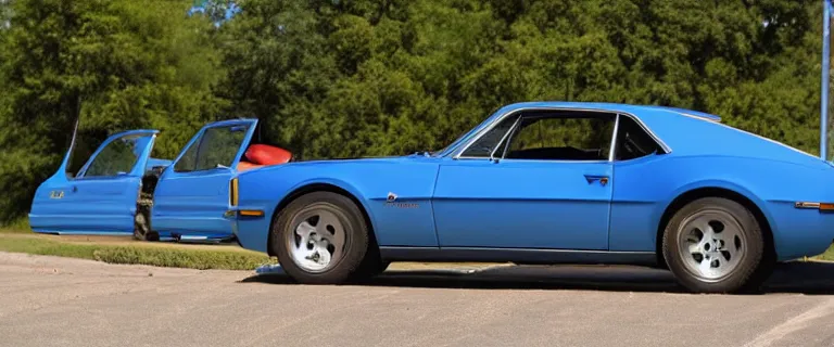 Image similar to denim blue audi camaro b 1 ( 1 9 6 7 ), restomod, establishing shot