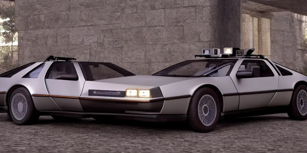 Image similar to updated sleek concept for a delorean, cinematic, photoreal, by red dead redemption 2