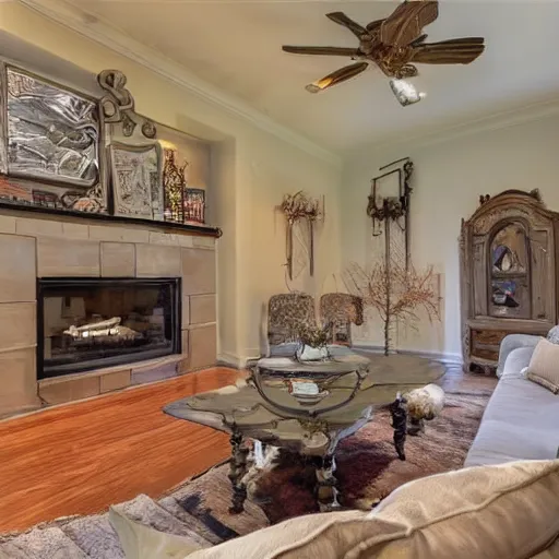 Image similar to a real estate home interior photo. the fireplace is a portal to hell and demons are lounging on the furniture