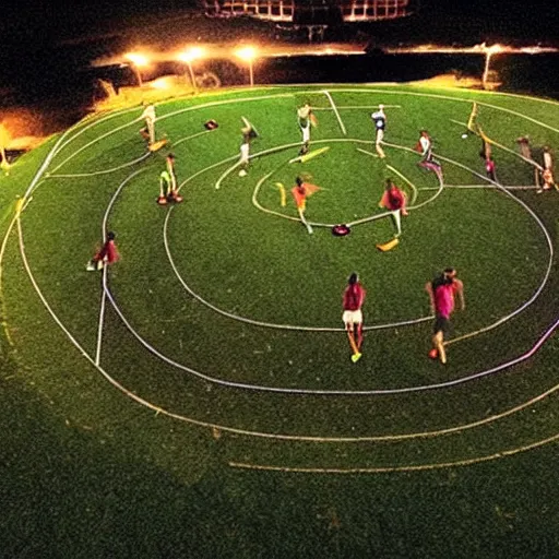 Prompt: “ a photo of two teams playing ultimate frisbee on a soccer field at night with stadium lights ”