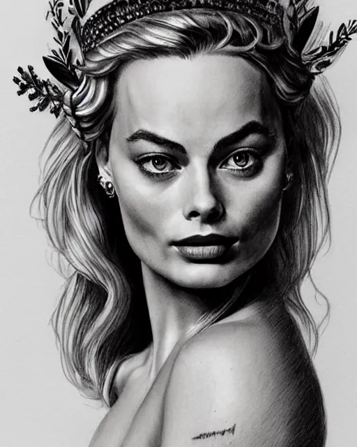 Image similar to realism tattoo sketch of margot robbie as a beautiful greek goddess aphrodite with piercing eyes wearing a laurel wreath and triangle earrings, in the style of greg rutkowski, amazing detail