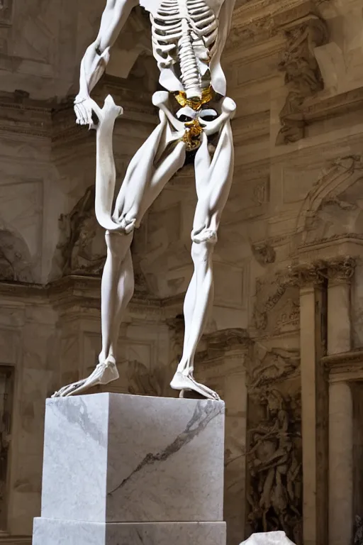 Prompt: epic and dramatic view of a statue depicting a man sculpting himself showing half of his body as a skeleton made in tannish polished marble, realistic and ultra detailed by bernini, 8 k