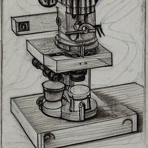 Image similar to various sketches of a mechanical coffee grinder in the style of leonardo da vinci, ultra detailed, scribbles, technical drawing, engineering blueprints