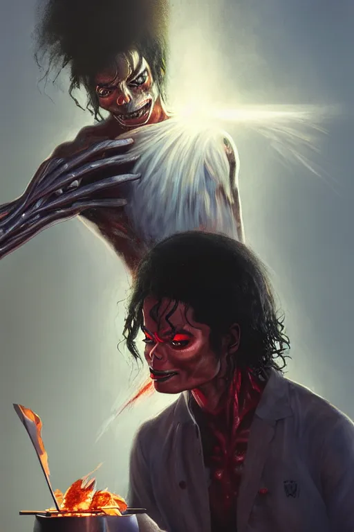 Image similar to michael jackson cooking a bbq as a demon, anatomy, bathed in light, highly detailed, photorealistic, artstation, smooth, sharp focus, illustration, unreal engine 5, 8 k, art by artgerm and greg rutkowski and edgar maxence