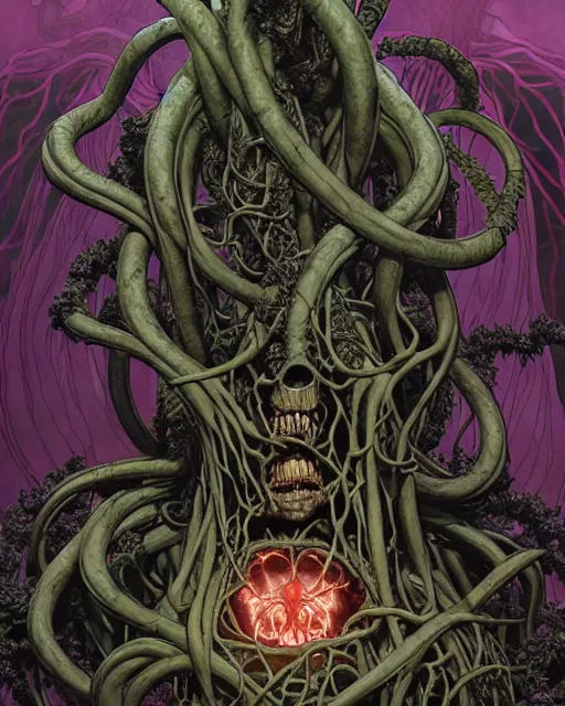 Image similar to the platonic ideal of flowers and roots of cletus kasady ultimate carnage dementor doctor doom gorgon chtulu nazgul, charybdis, medusa detailed, intricate, hyperrealism, intense, scary, decay, dmt, art by brock hofer and artgerm, moebius, greg rutkowski, alphonse mucha