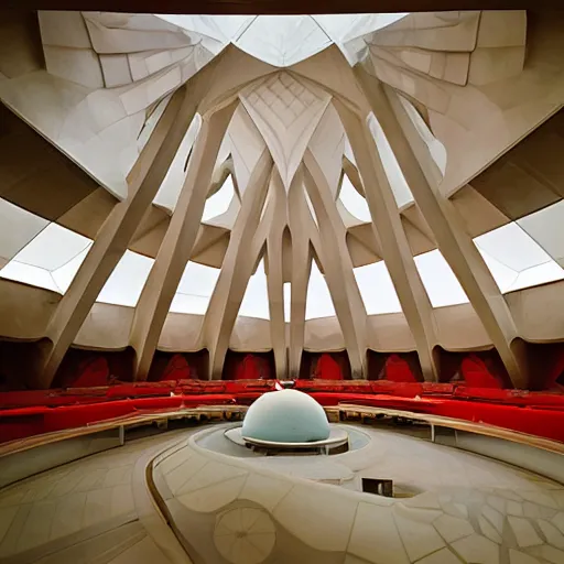 Image similar to interior of a futuristic lotus temple space station with gold, red and white marble panels, by buckminster fuller and syd mead, intricate contemporary architecture, photo journalism, photography, cinematic, national geographic photoshoot