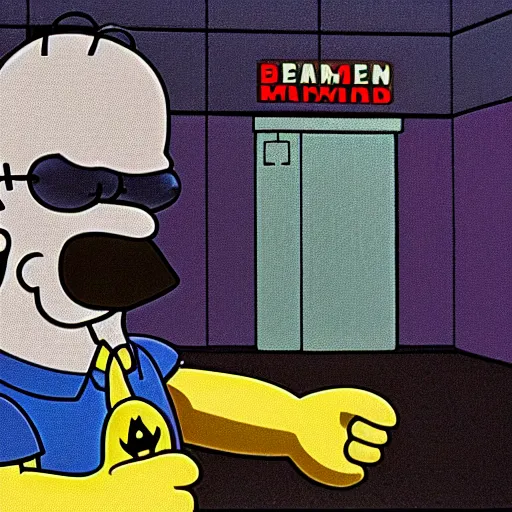 Prompt: Still image of Homer Simpson as Batman in a Batman movie, cinematic, anamorphic, dramatic, 70mm f/2.8, CineStill 800t