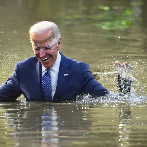 Prompt: joe biden rising out of swamp water with a knife