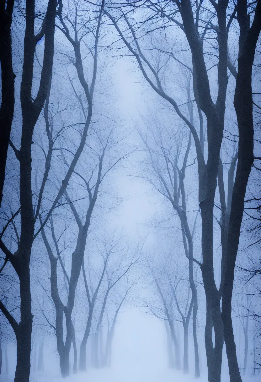 Image similar to eerie photo of a path in the middle of a frozen winter morning spooky forest, treelined, fog, award winning photography, anamorphic lens, f 2. 0, mystical, ultra high definition, ultra detailed,