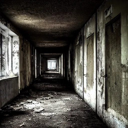 Prompt: a dark and musty hallway in an abandoned building