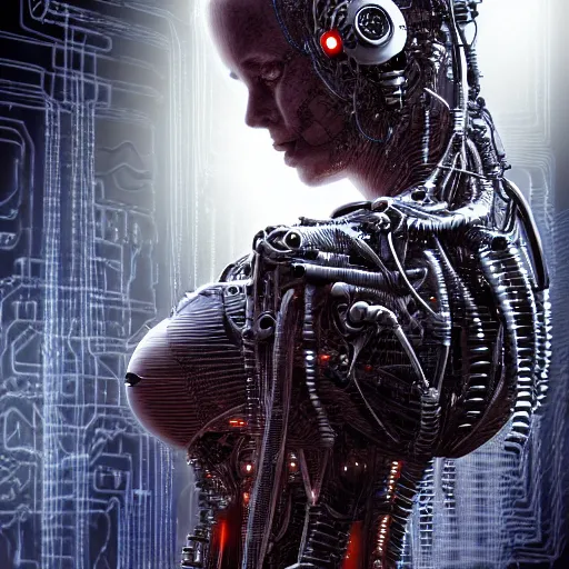 Image similar to portrait photo of a biomechanical torso of a cyborg plugged into a quantum computer with cables and wires and optic fibers. cyberpunk horror style. art by luis royo. highly detailed 8 k. intricate. nikon d 8 5 0 5 5 mm.