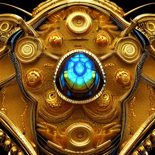 Prompt: A mandelbulb like baroque gilded brooch of a scarab insect, highly detailed and intricate, hyper realistic, yellow and blue, gold labradorite satisfying cable management, sci fi, artstation, octane render, 8k
