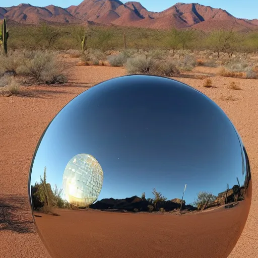 Image similar to a large metallic ball with a mirror finish sits in the arizona desert