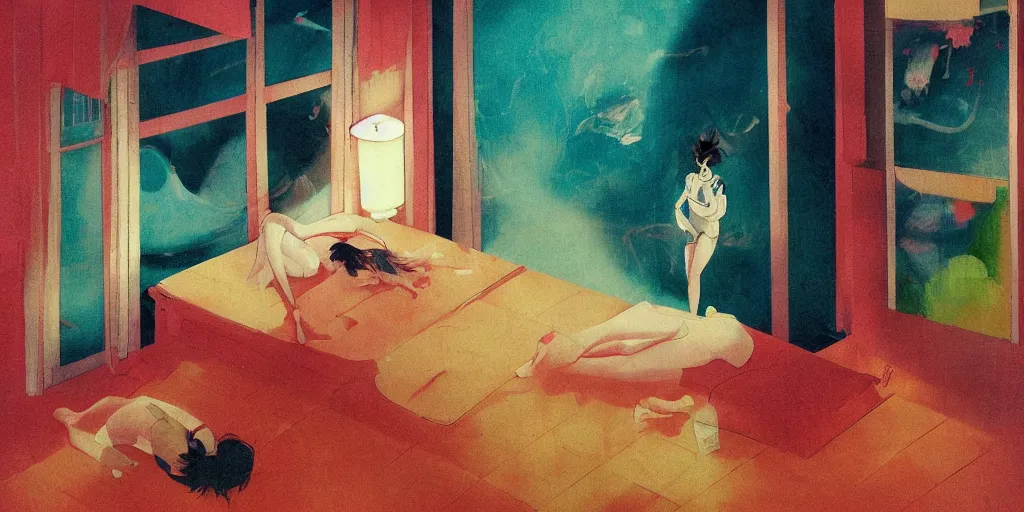 Prompt: gorgeous famous japanese girl dropping the shadow of her desires on the bed of abandoned nightmare house with a light from a window projecting her secret dreams, a lonely lamp dropping shadows, style of James Jean and John Singer Sargant and Edward Hopper and surrealism of Francis Bacon and eerie vibrating colors of Mark Rothko, style of Peter Doig, similar to photography of Todd Hido, dark atmosphere, highly detailed