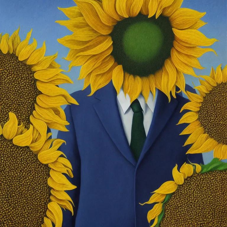 Image similar to portrait of a faceless sunflower - head man in a suit by rene magritte, detailed painting, distance, centered, hd, hq, high resolution, high detail, 4 k, 8 k