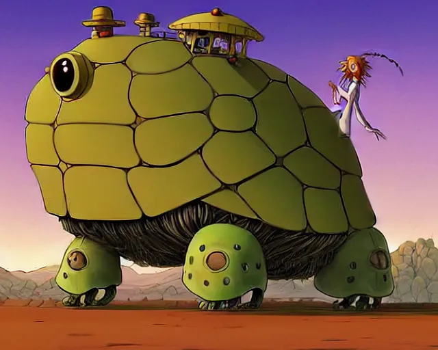 Prompt: a cell shaded cartoon giant lovecraftian mechanized turtle from howl's moving castle ( 2 0 0 4 ), with a big head, on a desert road, full body, illustration, wide shot, golden hour, post grunge, concept art by josan gonzales, wlop, by james jean, victor ngai, hq, deviantart, art by artgem