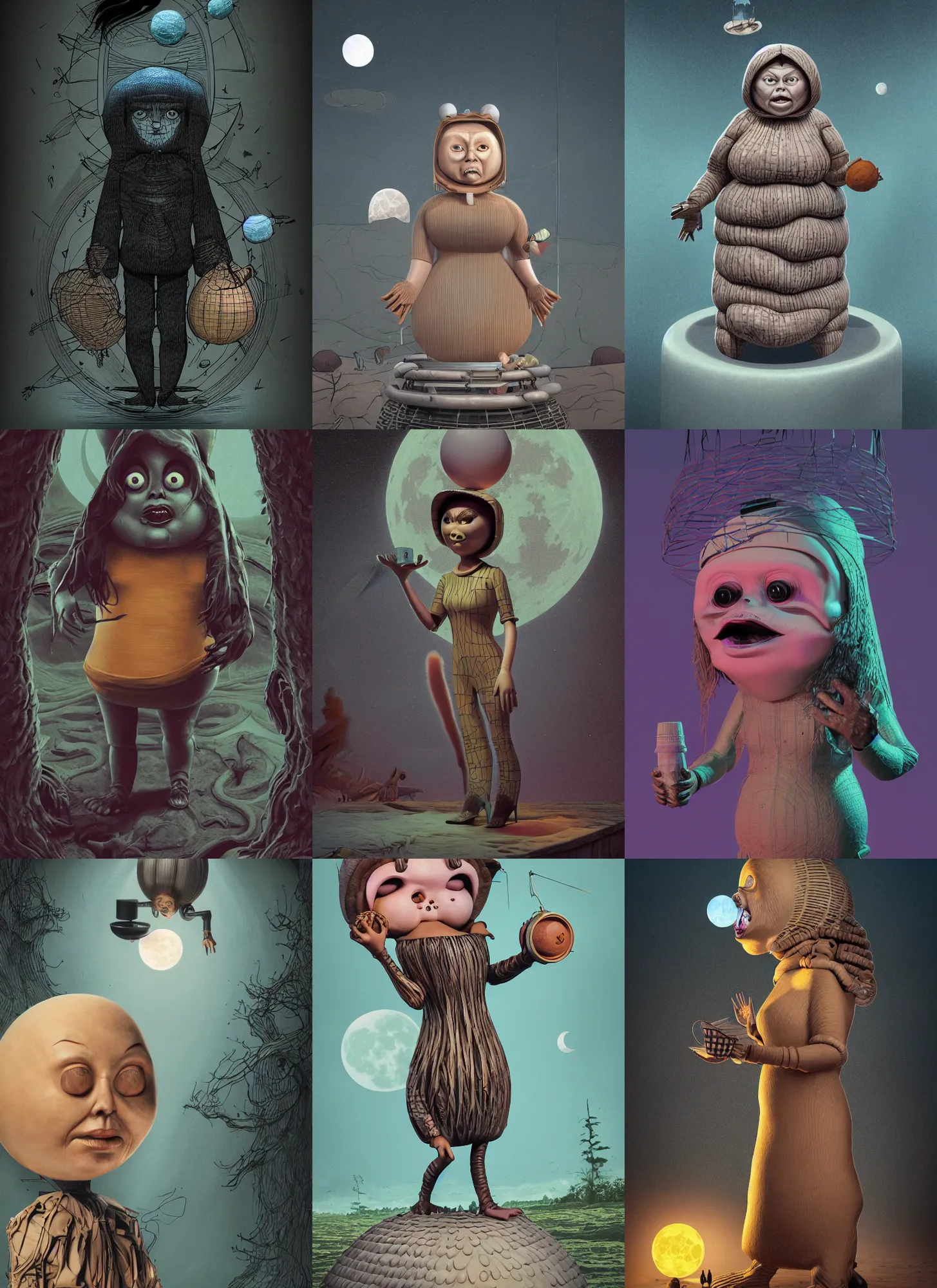 Prompt: a diagram poster artwork by john kenn mortensen, jim woodring, garbage pail kids style, of a futuristic woman selk'nam in the moon,, plastic toy, filleting technique, dmt, irisdicense, 3 d, houdini algorithmic generative render, sharp focus, cinematic lighting, octane render