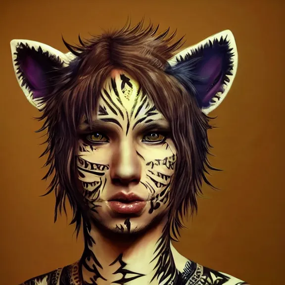 Prompt: boy with cat ears and tail covered in tribal body paint, fantasy artwork, award winning, very very very very very very very very very very very very very very beautiful, hyper detailed, studio lighting, artstation