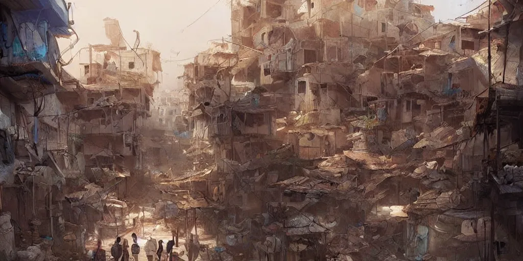 Image similar to hyper realistic, beautiful syrian slums village, concept art for videogames, painted by greg rutkowski, highly detailed,