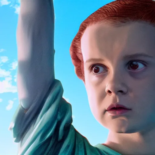 Image similar to Eleven from Stranger Things using her powers on the Statue of Liberty HD hyper detailed photorealistic