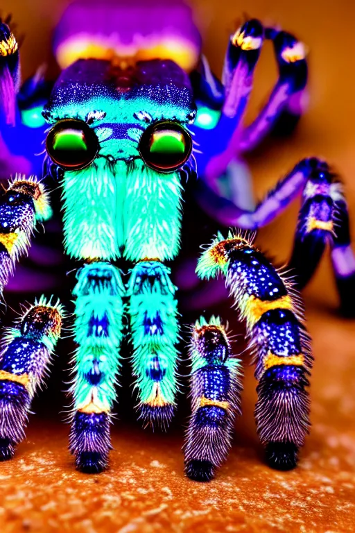 Image similar to high quality macro photo iridescent tarantula! jewelled supercute! highly detailed david ligare elson peter cinematic blue neon lighting high quality low angle hd 8k sharp shallow depth of field