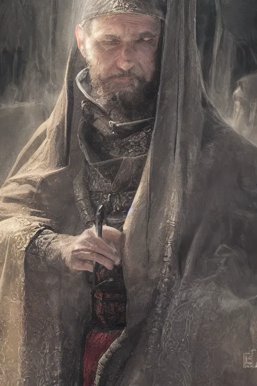 Image similar to medieval priest, close-up portrait, devoted, intricate, elegant, volumetric lighting, scenery, digital painting, highly detailed, artstation, sharp focus, illustration, concept art,ruan jia, steve mccurry