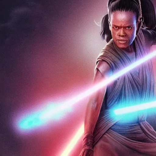 Prompt: a picture of rey and mace windu combined, detailed, 4 k, realistic, accurate