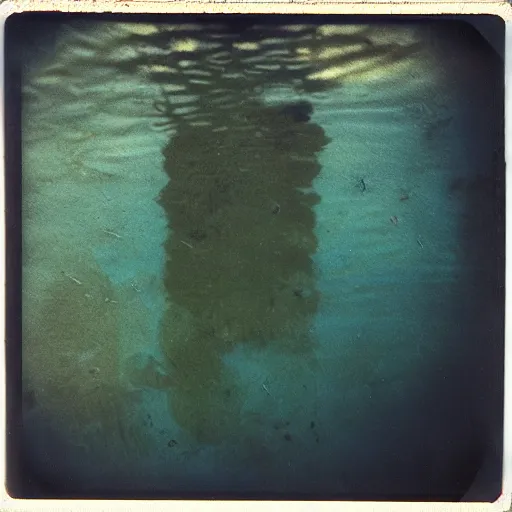 Image similar to a rusty bedframe, dark, murky water, underwater, old polaroid, expired film,